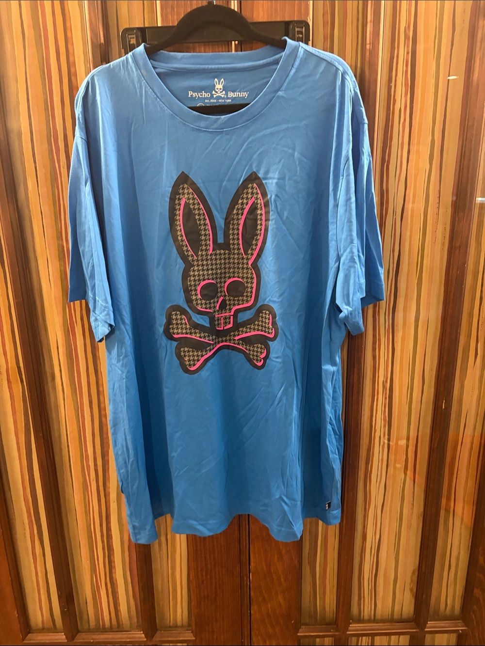 Psycho Bunny Blue Tee with Black & Pink Bunny Skull Graphic